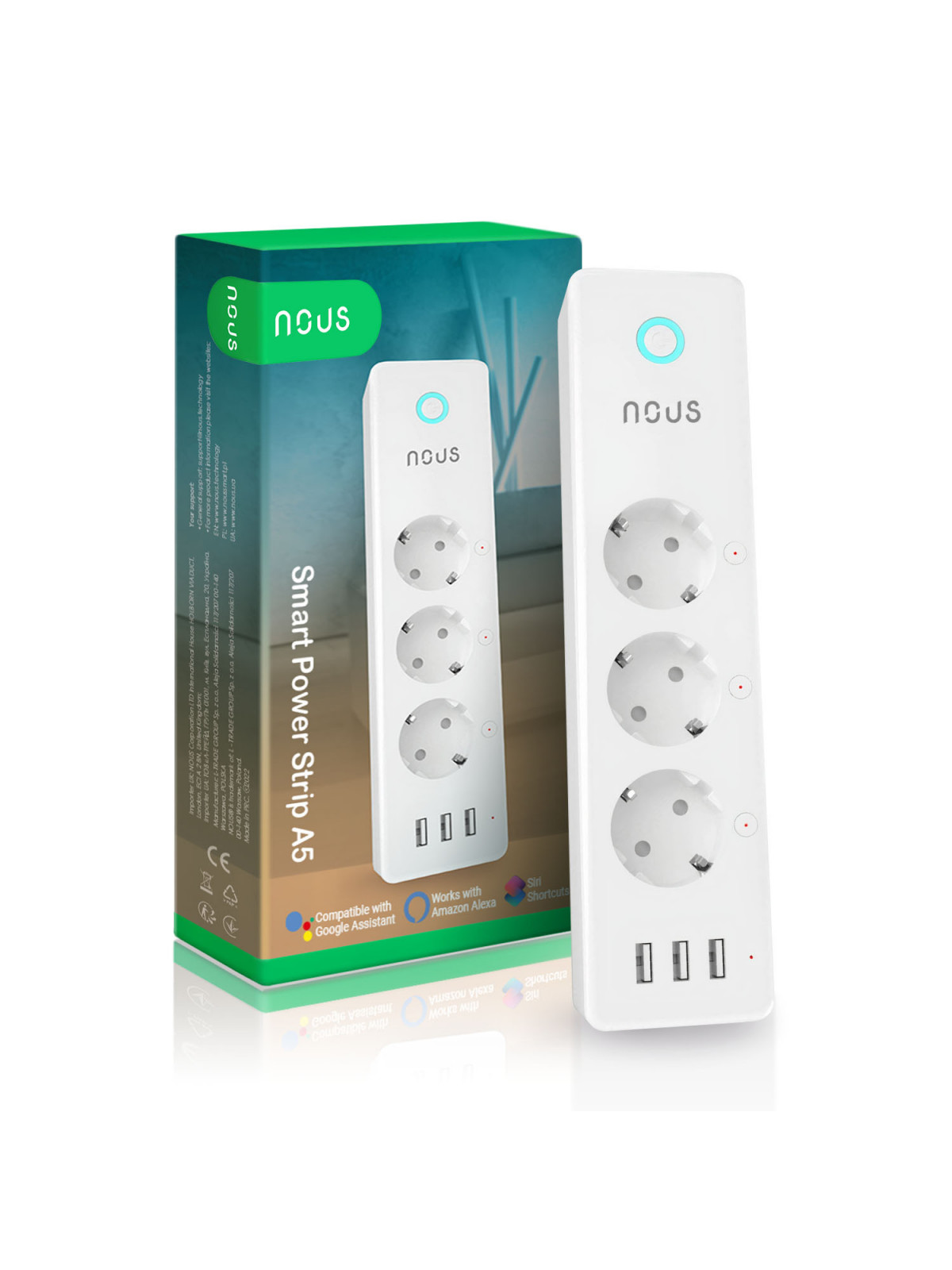 NOUS A5 - Multiprise WiFi avec 3 prises 15A + mesure de conso et 3 ports USB - Compatible Tuya, Google Home, Alexa, etc..