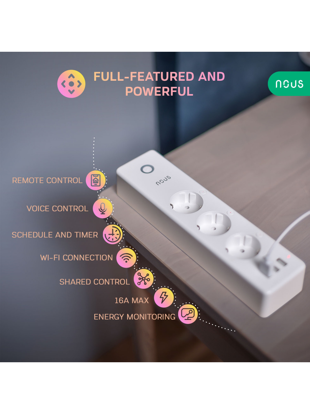 NOUS A5 - Multiprise WiFi avec 3 prises 15A + mesure de conso et 3 ports USB - Compatible Tuya, Google Home, Alexa, etc..