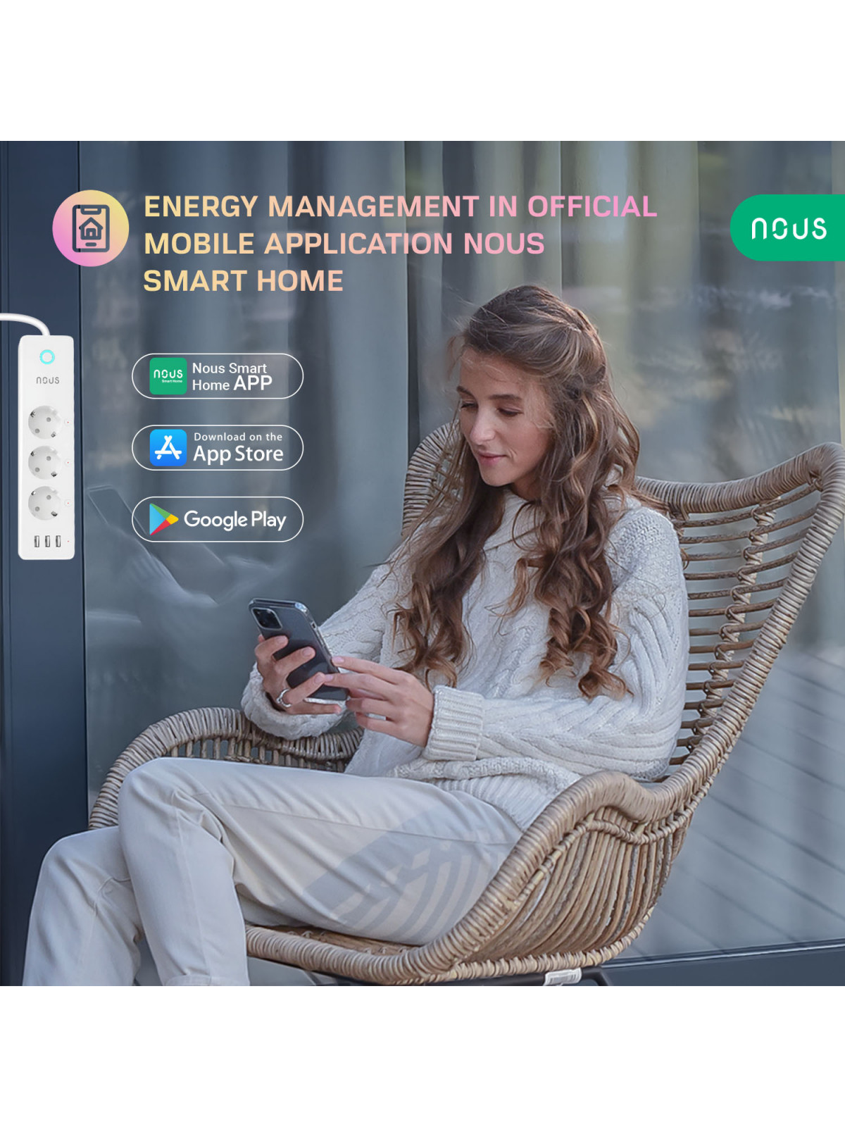 NOUS A5 - Multiprise WiFi avec 3 prises 15A + mesure de conso et 3 ports USB - Compatible Tuya, Google Home, Alexa, etc..