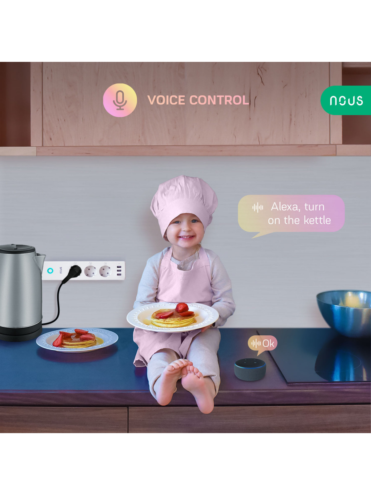 NOUS A5 - Multiprise WiFi avec 3 prises 15A + mesure de conso et 3 ports USB - Compatible Tuya, Google Home, Alexa, etc..