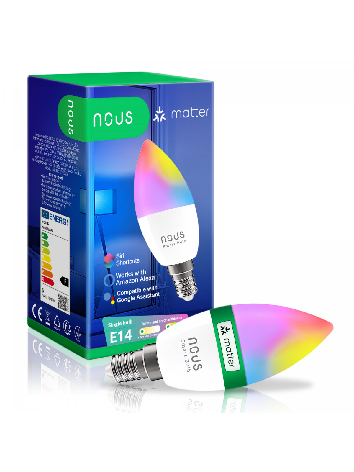 NOUS P4 - Ampoule WiFi E14 couleur RGBW + Blanc froid et chaud - Compatible Matter, Google Home, Amazon Alexa, etc..