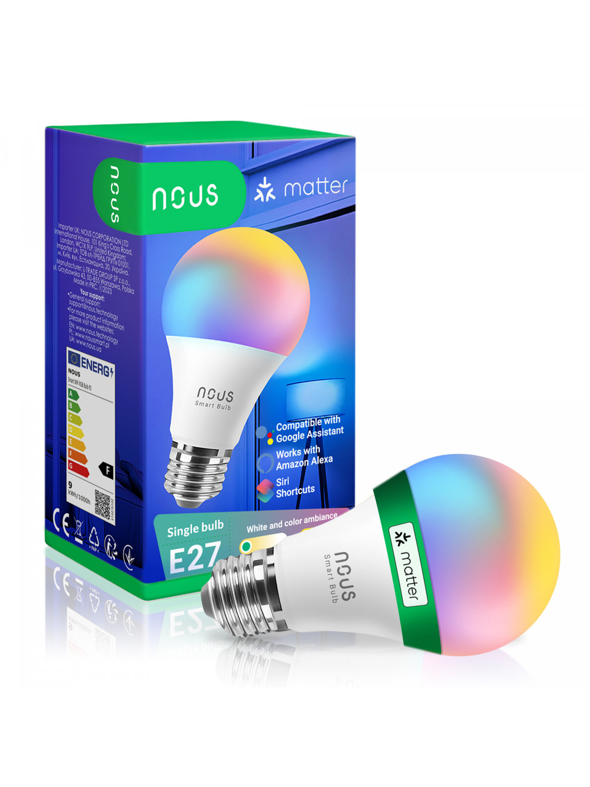 NOUS P3 - Ampoule WiFi E27 couleur RGBW + Blanc froid et chaud - Compatible Matter, Google Home, Amazon Alexa, etc..