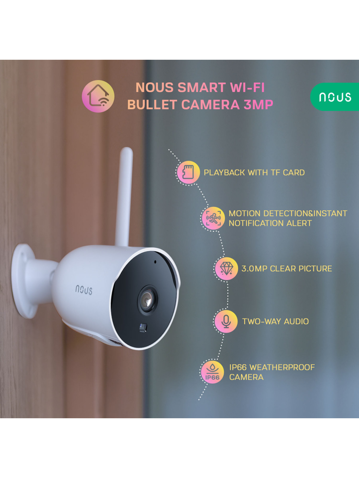 NOUS W7P - Caméra IP fixe extérieure WiFi 3MP, enregistrement sur carte SD - Compatible Tuya Smart Life