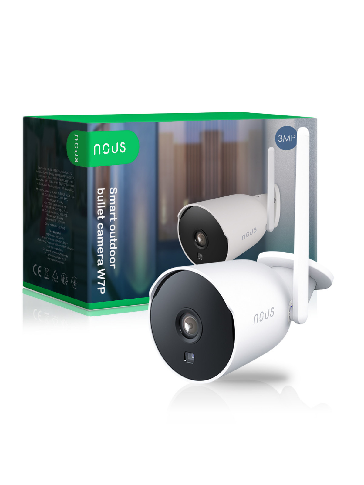 NOUS W7P - Caméra IP fixe extérieure WiFi 3MP, enregistrement sur carte SD - Compatible Tuya Smart Life