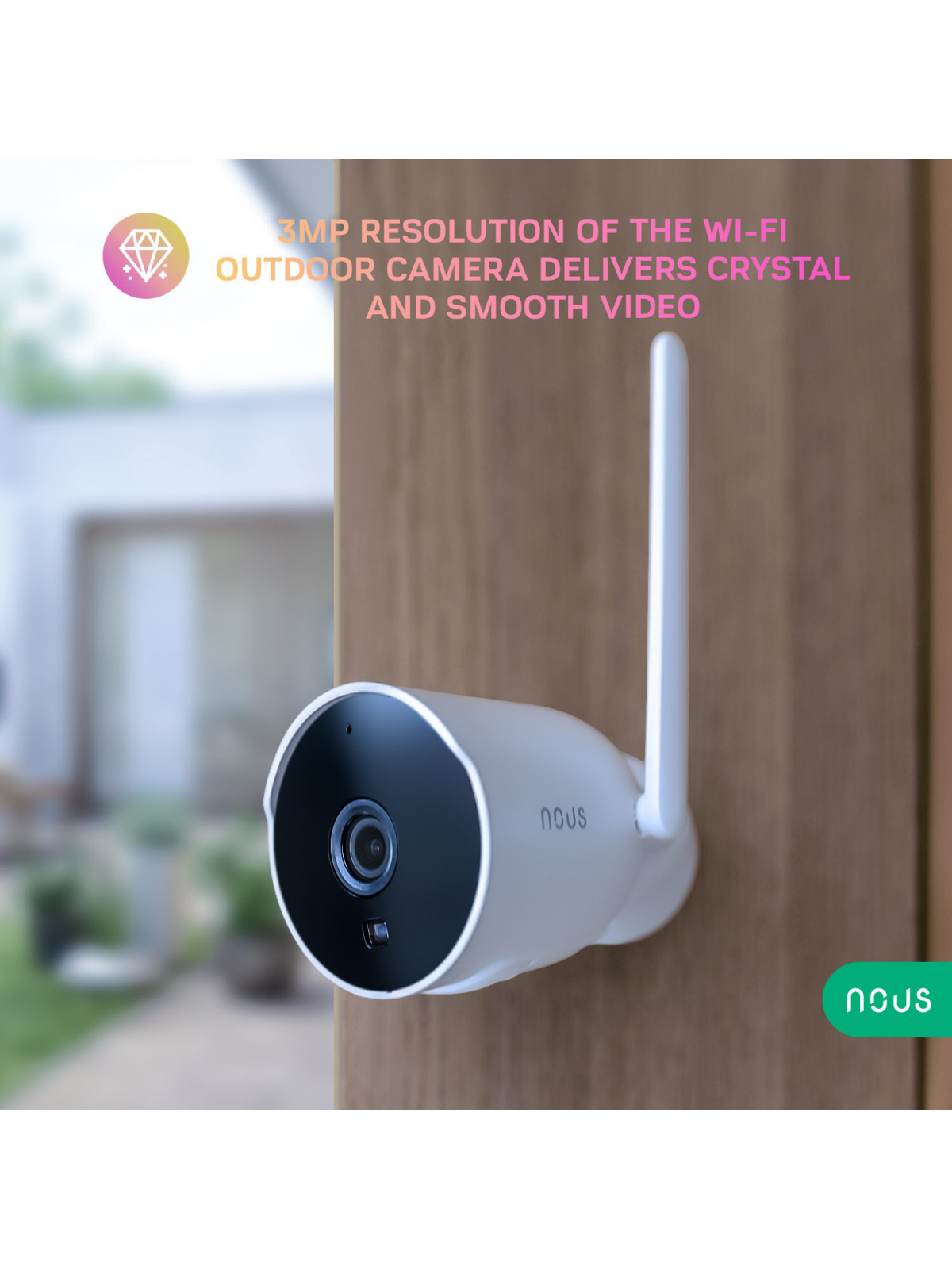 NOUS W7P - Caméra IP fixe extérieure WiFi 3MP, enregistrement sur carte SD - Compatible Tuya Smart Life