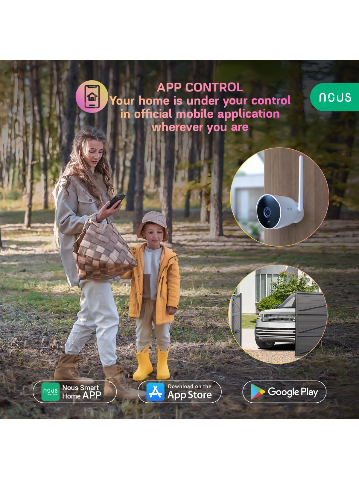 NOUS W7P - Caméra IP fixe extérieure WiFi 3MP, enregistrement sur carte SD - Compatible Tuya Smart Life