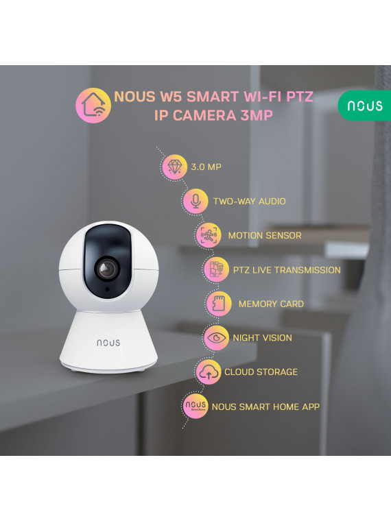 NOUS W5 - Caméra IP rotative intérieure WiFi 3MP, enregistrement cloud ou sur carte SD - Compatible Tuya Smart Life
