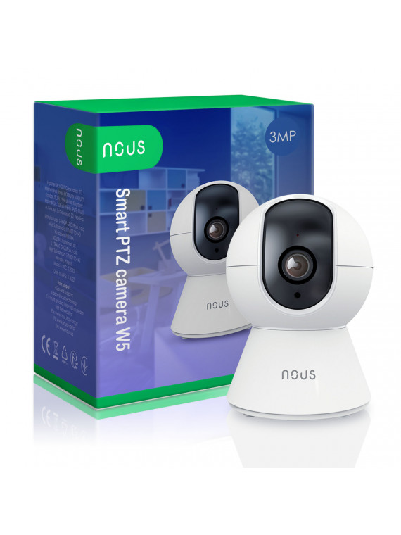 NOUS W5 - Caméra IP rotative intérieure WiFi 3MP, enregistrement cloud ou sur carte SD - Compatible Tuya Smart Life