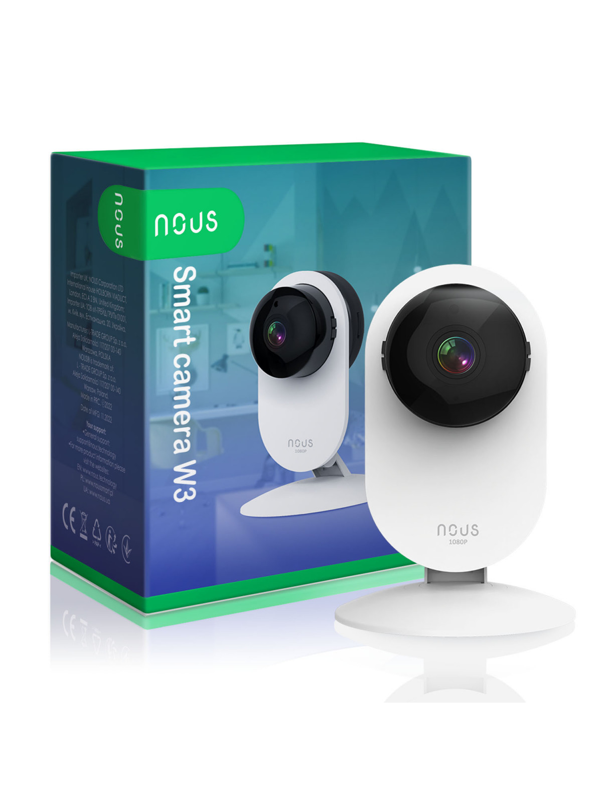 NOUS W3 - Caméra IP fixe intérieure WiFi 2MP, enregistrement cloud ou sur carte SD - Compatible Tuya Smart Life