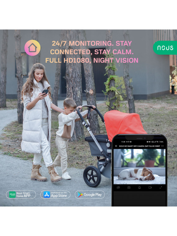 NOUS W3 - Caméra IP fixe intérieure WiFi 2MP, enregistrement cloud ou sur carte SD - Compatible Tuya Smart Life