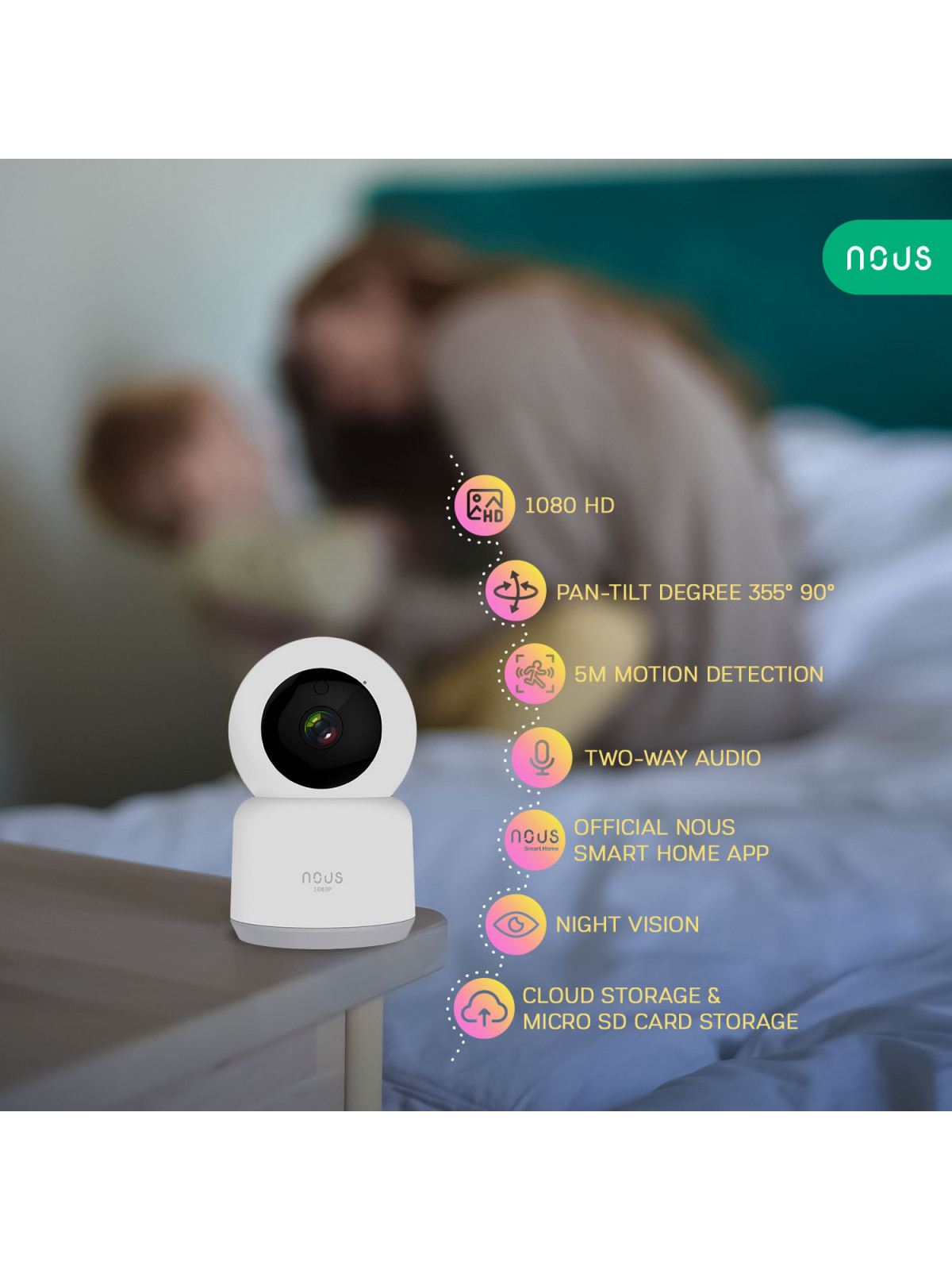 NOUS W2 - Caméra IP rotative intérieure WiFi 2MP, enregistrement cloud ou sur carte SD - Compatible Tuya Smart Life