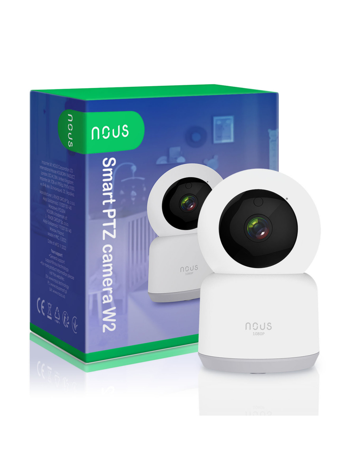 NOUS W2 - Caméra IP rotative intérieure WiFi 2MP, enregistrement cloud ou sur carte SD - Compatible Tuya Smart Life