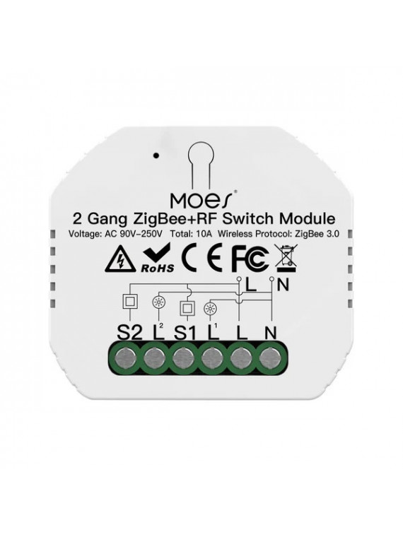Moes "ZRM-104B-MS" - Micromodule ZigBee double relais ON/OFF 10A - Compatible Tuya, Lidl Home, Jeedom etc...