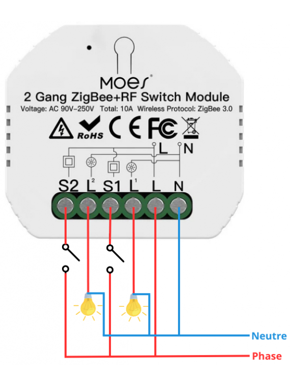 Moes "ZRM-104B-MS" - Micromodule ZigBee double relais ON/OFF 10A - Compatible Tuya, Lidl Home, Jeedom etc...