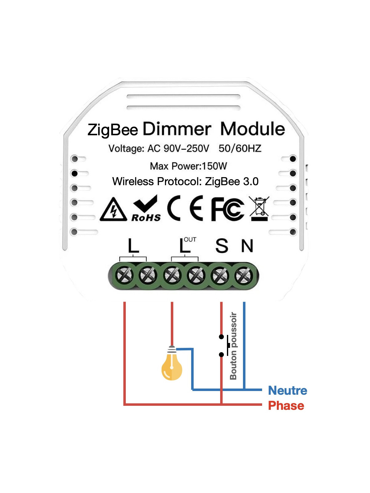 Moes "ZM-105-MS" - Micromodule ZigBee variateur de lumière - Compatible Tuya, Lidl Home, Jeedom, HomeAssistant, etc...