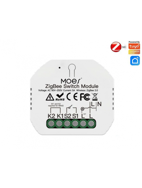 Moes "ZM-104-L-MS" - Micromodule ZigBee relais ON/OFF sans neutre 5A - Compatible Tuya, Lidl Home, Jeedom, HomeAssistant, etc...
