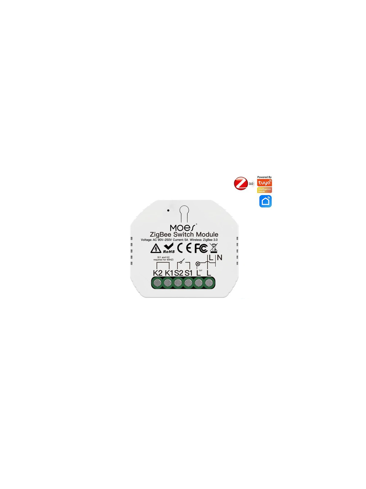 Moes "ZM-104-L-MS" - Micromodule ZigBee relais ON/OFF sans neutre 5A - Compatible Tuya, Lidl Home, Jeedom, HomeAssistant, etc...