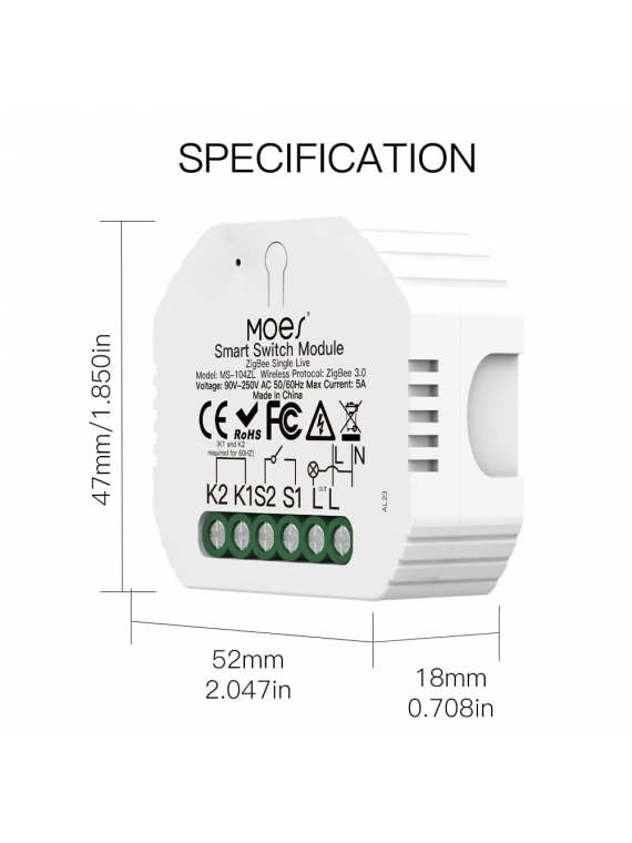Moes "ZM-104-L-MS" - Micromodule ZigBee relais ON/OFF sans neutre 5A - Compatible Tuya, Lidl Home, Jeedom, HomeAssistant, etc...