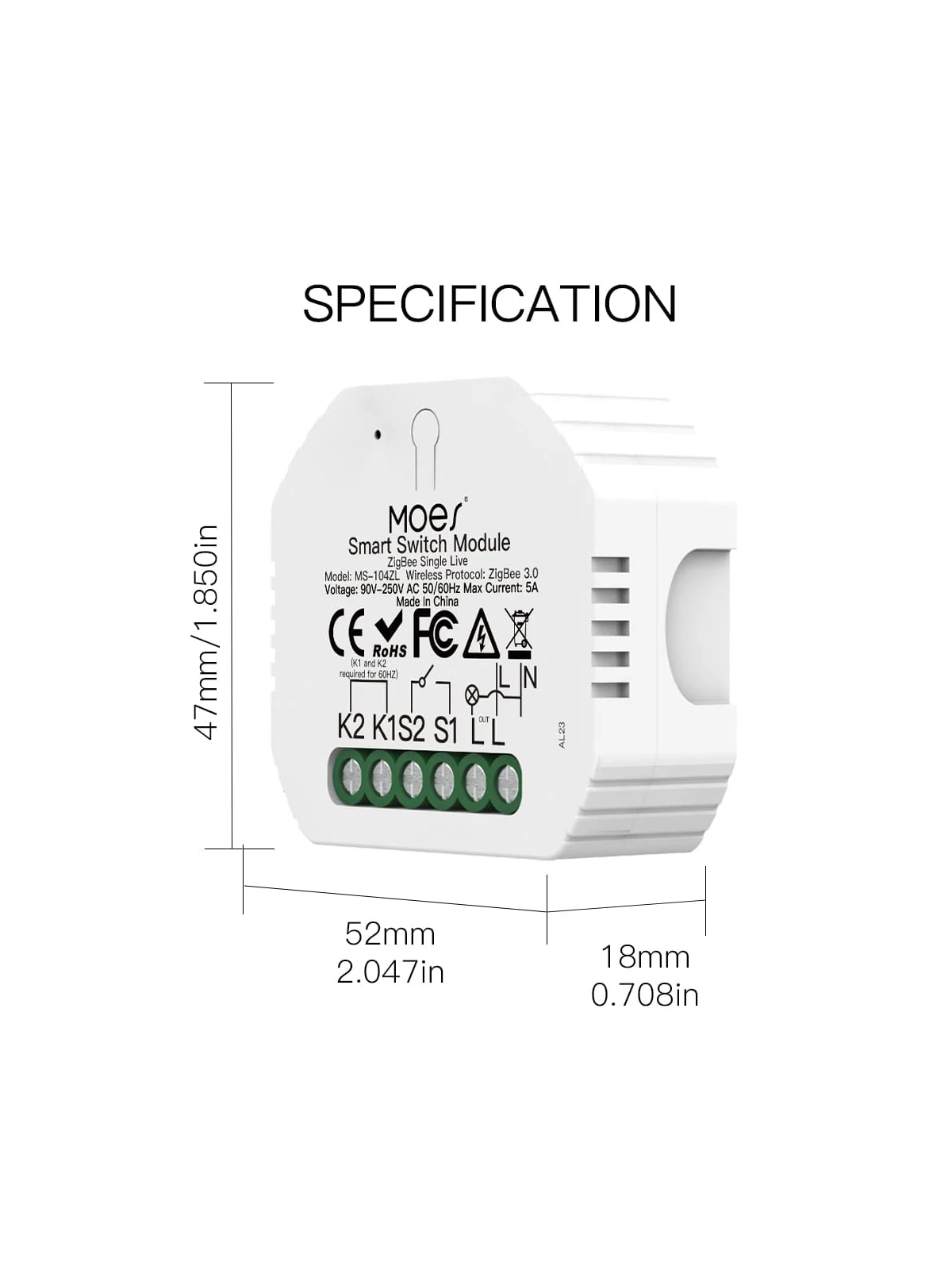 Moes "ZM-104-L-MS" - Micromodule ZigBee relais ON/OFF sans neutre 5A - Compatible Tuya, Lidl Home, Jeedom, HomeAssistant, etc...