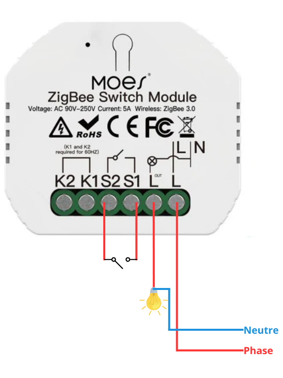 Moes "ZM-104-L-MS" - Micromodule ZigBee relais ON/OFF sans neutre 5A - Compatible Tuya, Lidl Home, Jeedom, HomeAssistant, etc...