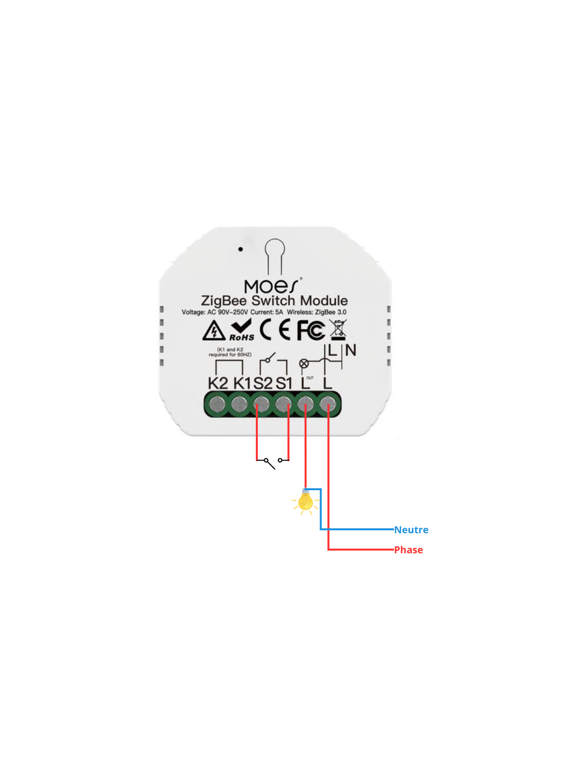 Moes "ZM-104-L-MS" - Micromodule ZigBee relais ON/OFF sans neutre 5A - Compatible Tuya, Lidl Home, Jeedom, HomeAssistant, etc...