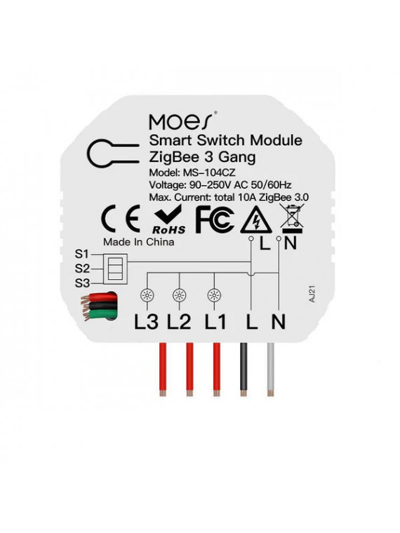 Moes "ZM-104C-MS" - Micromodule ZigBee 3 sorties relais ON/OFF 10A total - Compatible Tuya, Lidl Home, Jeedom etc...