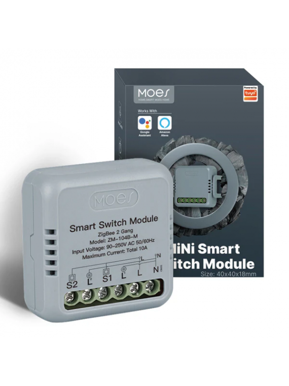 Moes "ZRM-104B-M-MS" - Micromodule Mini ZigBee 2 sorties ON/OFF 10A - Compatible Tuya, Lidl Home, Jeedom etc...