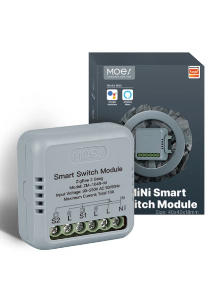 Moes "ZRM-104B-M-MS" - Micromodule Mini ZigBee 2 sorties ON/OFF 10A - Compatible Tuya, Lidl Home, Jeedom etc...