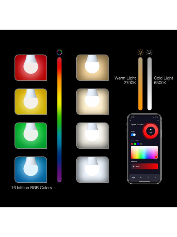 Moes "ZB-TDA9-RCW-E27-MS" - Ampoule ZigBee E27 couleur RGBW + blanc chaud et froid - Compatible Tuya Smart Life