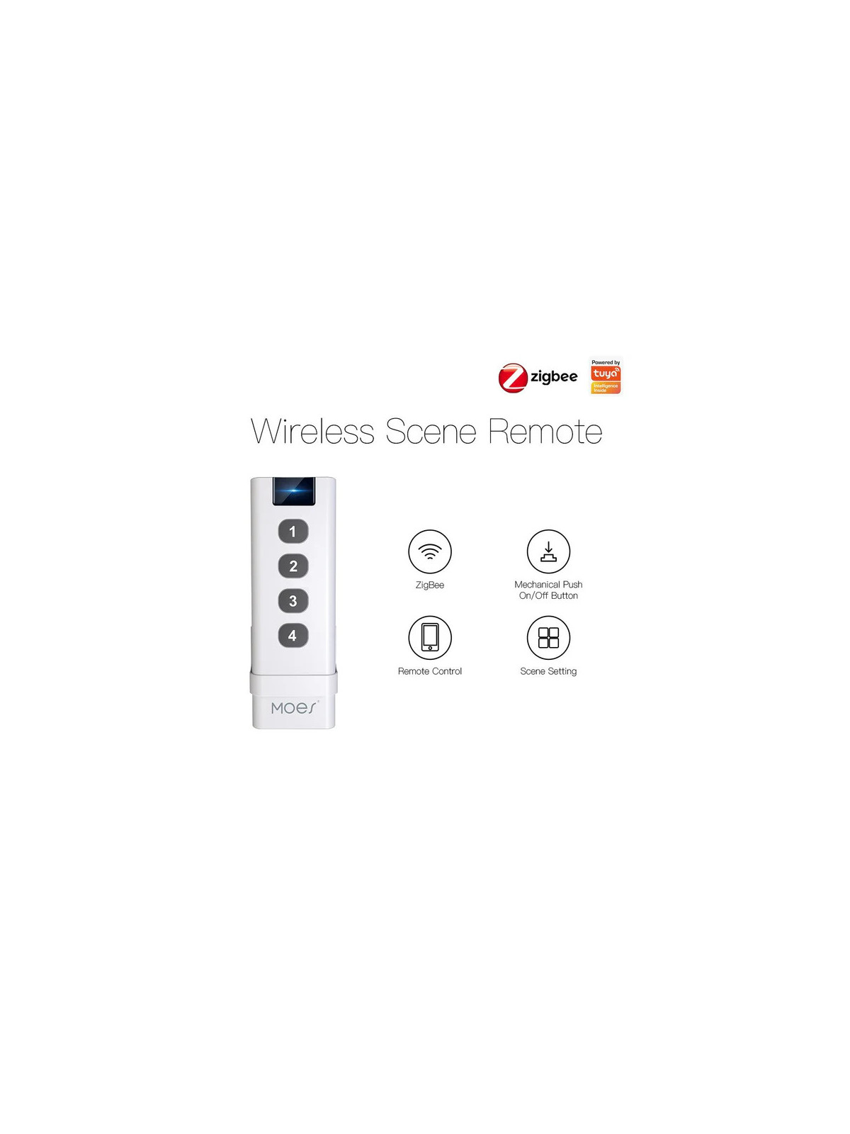 Moes "ZS-SR4-2169-MS" - Télécommande ZigBee 4 boutons (12 scénarios) - Compatible Tuya Smart Life
