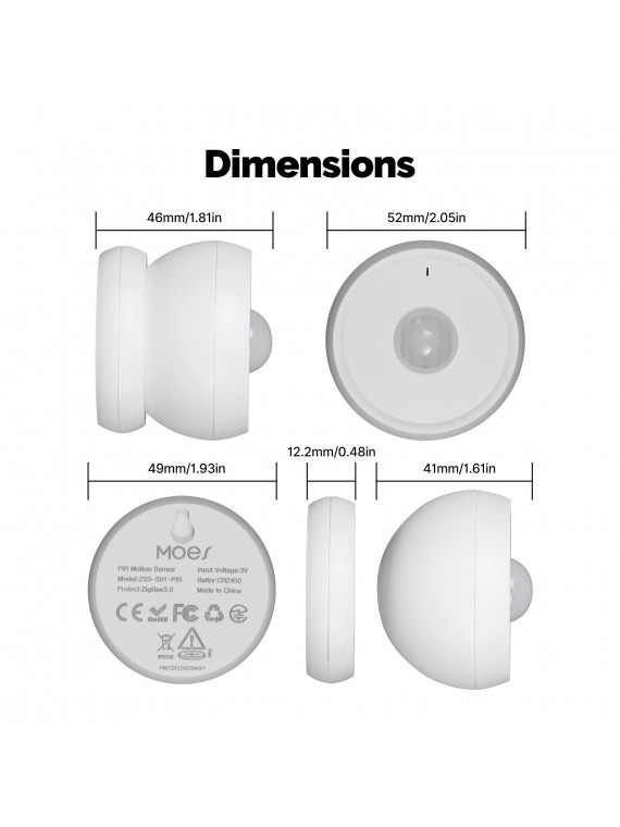 Moes "ZSS-S01-PIR-C-MS" - Détecteur de mouvement ZigBee avec base magnétique - Compatible Tuya Smart Life et Lidl Home