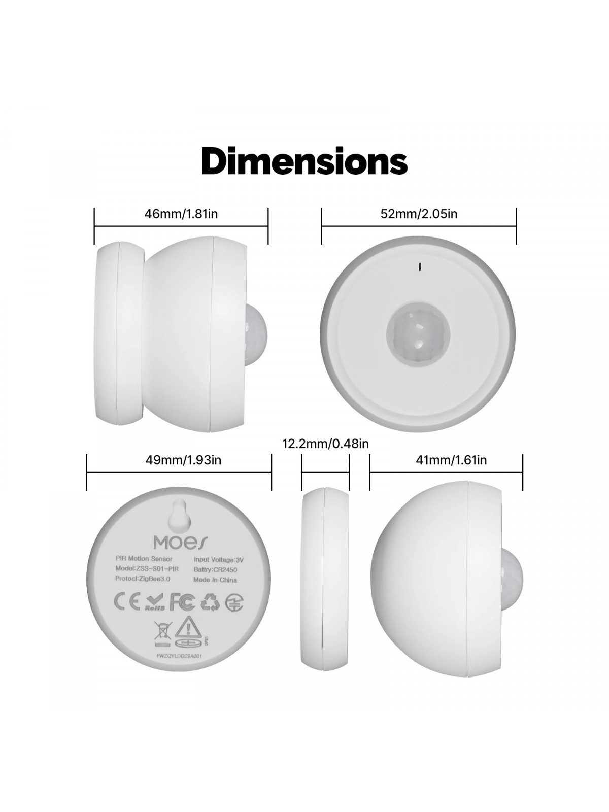 Moes "ZSS-S01-PIR-C-MS" - Détecteur de mouvement ZigBee avec base magnétique - Compatible Tuya Smart Life et Lidl Home