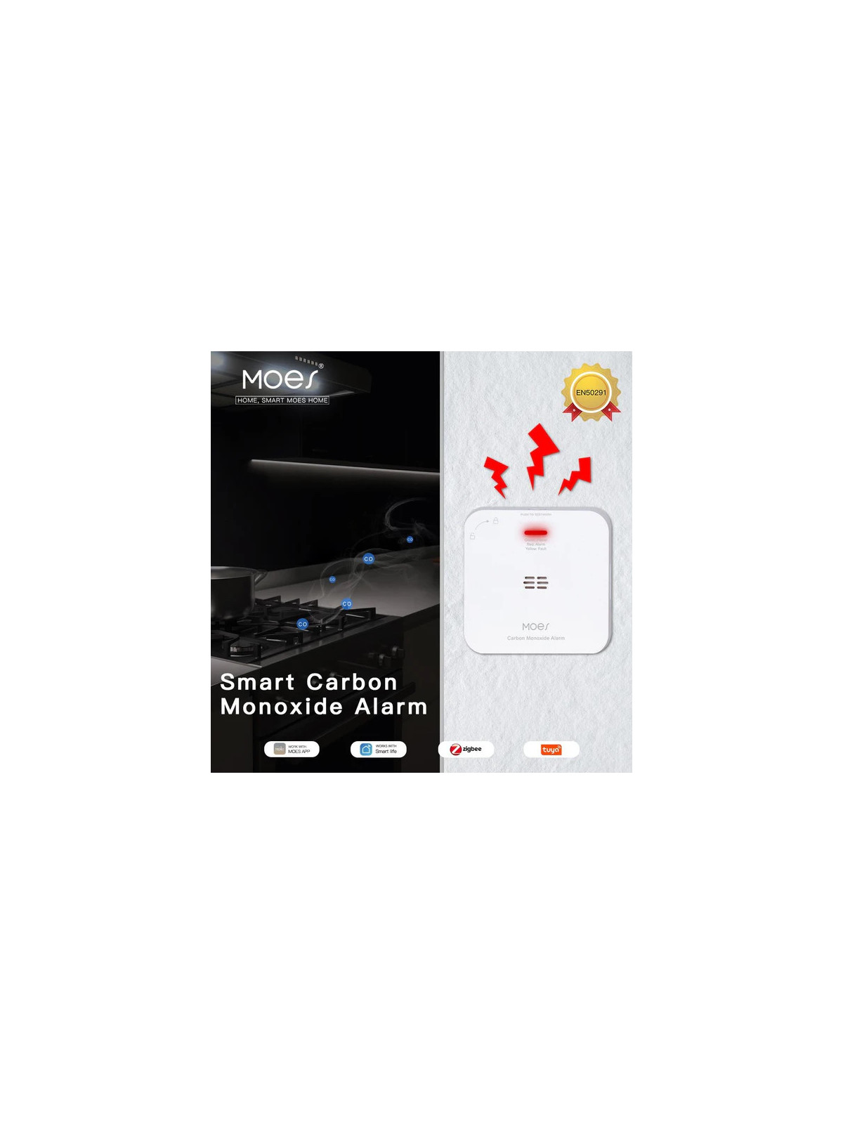 Moes "ZSS-HM-CO-A-MS" - Détecteur de monoxyde de carbon (CO)  ZigBee - Compatible Tuya Smart Life