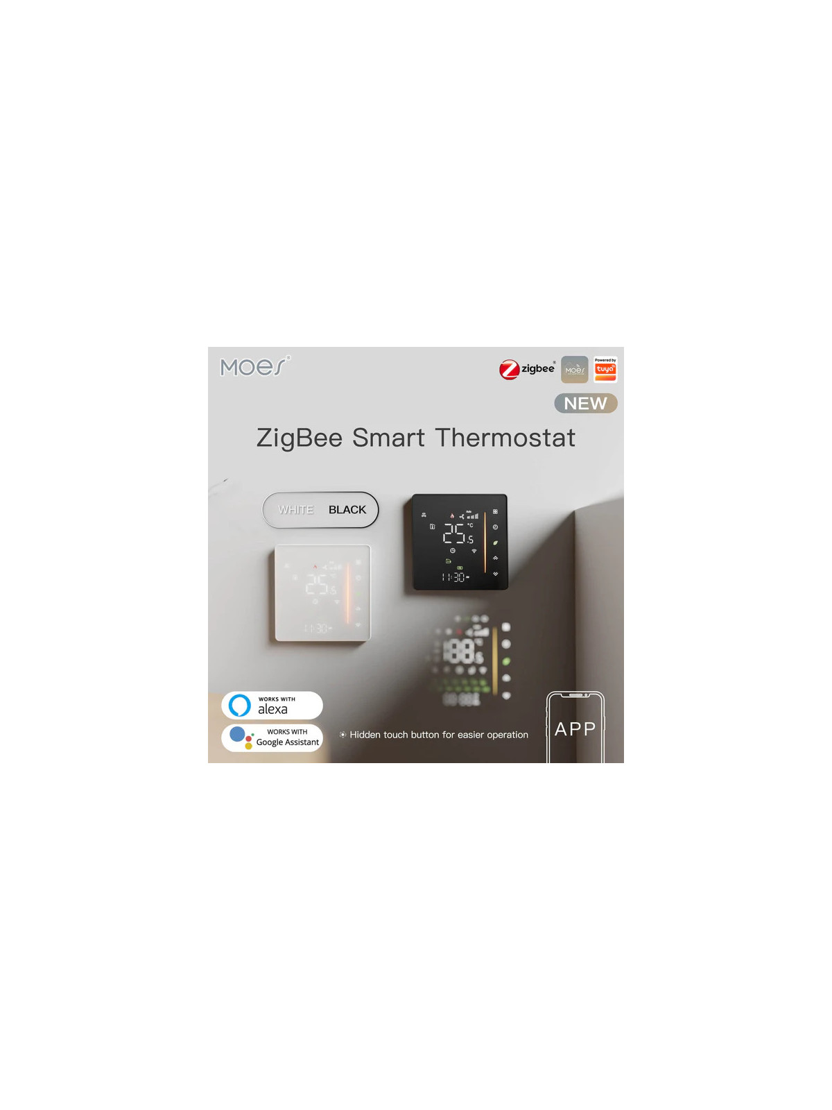 Moes "ZHT-006-GB-XX-MS" - Thermostat tactile ZigBee pour plancher chauffant électrique - Compatible Tuya Smart Life, Lidl Home