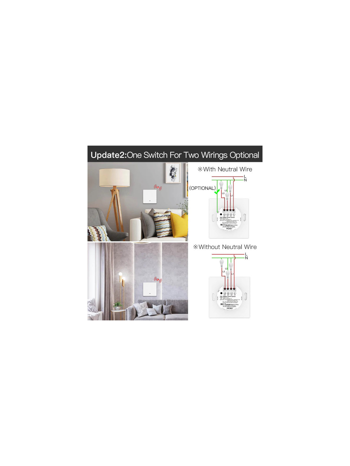 Moes "ZS-B-EU1-WH-MS" - Interrupteur 1 sortie ZigBee pour éclairage à câblage avec ou sans neutre - Compatible Tuya Smart Life