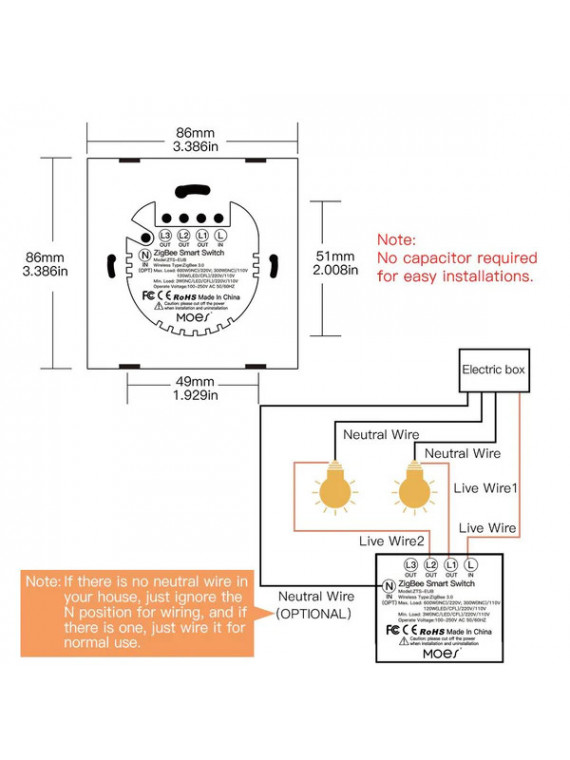 Moes "ZS-B-EU2-XX-MS" - Interrupteur 2 sorties ZigBee pour éclairage à câblage avec ou sans neutre - Compatible Tuya SmartLife Moes "ZS-B-EU2-XX-MS" - Interrupteur 2 sorties ZigBee pour éclairage à câblage avec ou sans neutre - Compatible Tuya SmartLife
