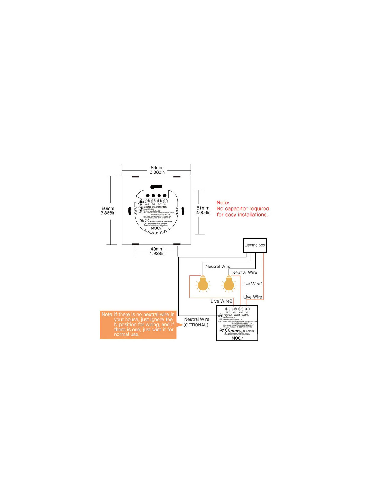 Moes "ZS-B-EU2-XX-MS" - Interrupteur 3 sorties ZigBee pour éclairage à câblage avec ou sans neutre - Compatible Tuya SmartLife