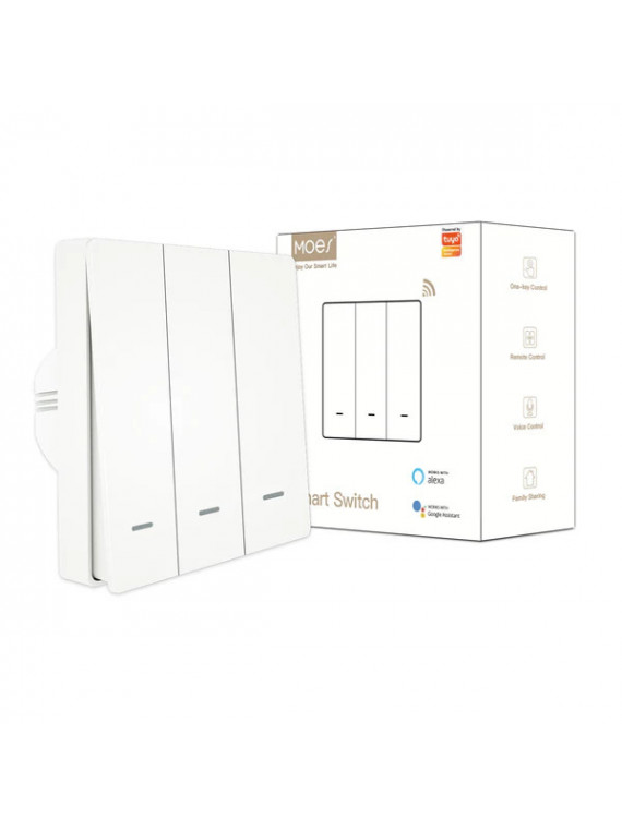 Moes "ZS-B-EU2-XX-MS" - Interrupteur 3 sorties ZigBee pour éclairage à câblage avec ou sans neutre - Compatible Tuya SmartLife