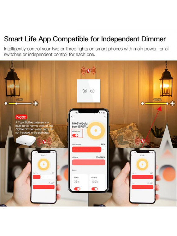 Moes "ZS-EUD1-XX-MS" - Interrupteur 1 sortie variateur de lumière avec neutre ZigBee - Compatible Tuya Smart Life