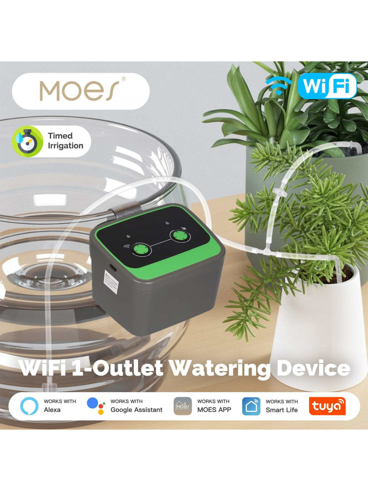 Moes "WWP-GDT102W-MS" - Arroseur automatique pour plantes intérieures WiFi - Compatible Tuya Smart Life, Alexa et Google Home