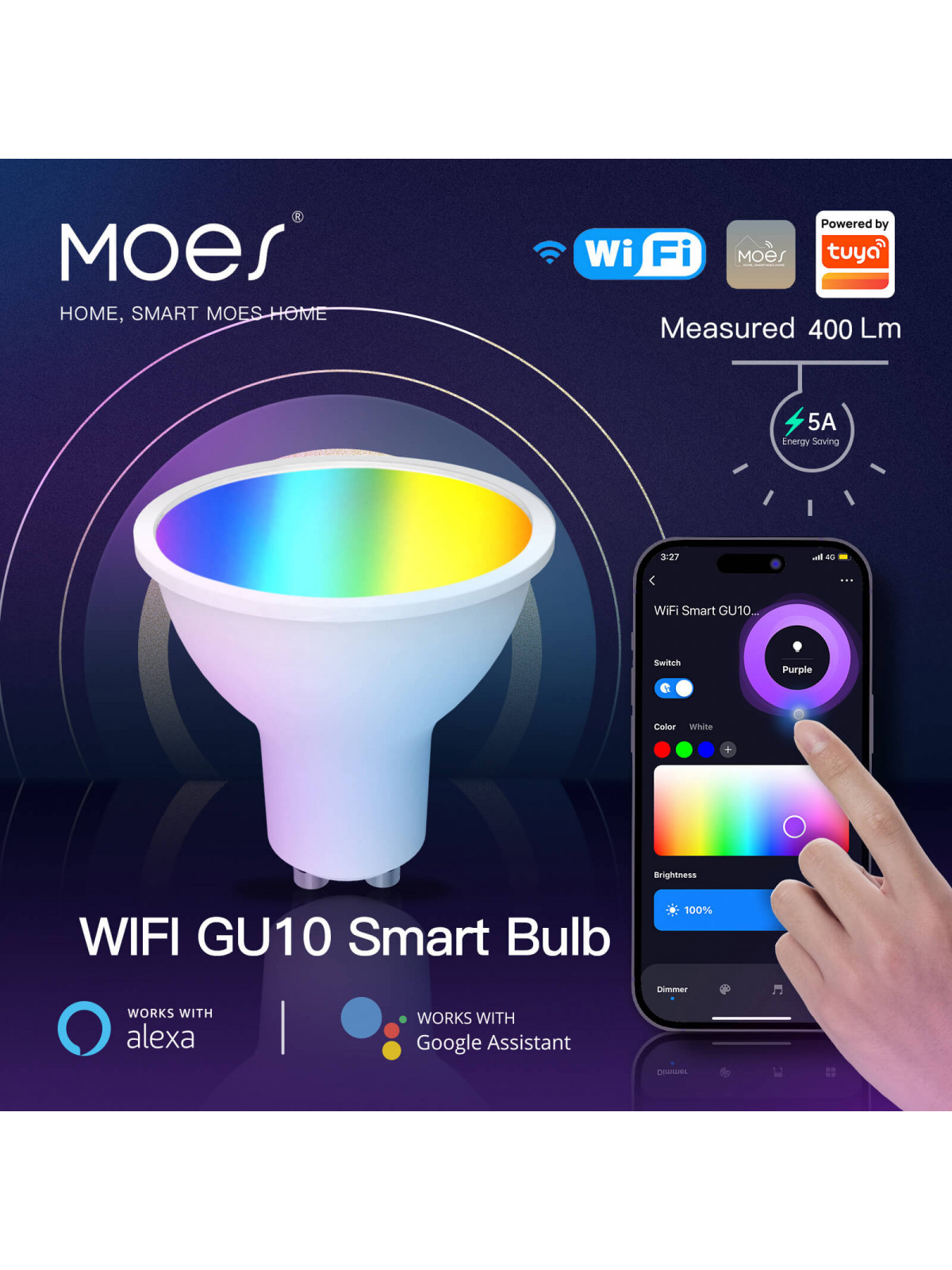 Moes "WB-TD5-RWW-GU10-220-MS" - Ampoule WiFi GU10 couleur RGBW + blanc chaud - Compatible Tuya Smart Life, Alex