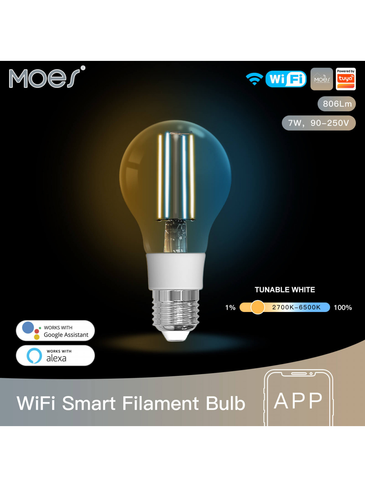 Moes "WB-TDA7-F-E27-MS" - Ampoule WiFi A60 E27 à filament, variable et blanc froid - Compatible Tuya Smart Life, Alexa et Google