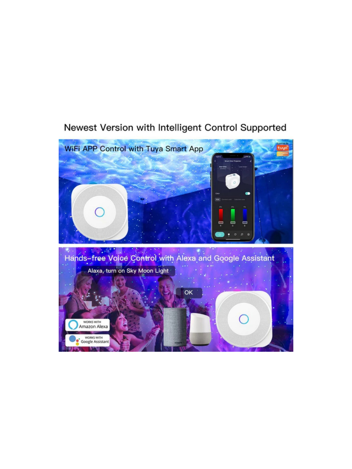 Moes "WL-NX-EUSPF-MS" - Projecteur WiFi d'ambiances colorées avec synchronisation musicale - Compatible Lidl Home, Tuya, Alexa
