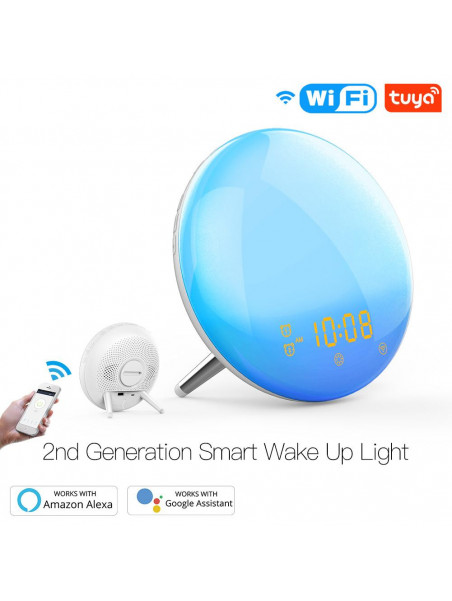 Moes "WB-JK-AC-C-EN" - Réveil/Horloge connectée WiFi - 7 couleurs de lumière + radio FM - Compatible Lidl, Tuya, Alexa et Google