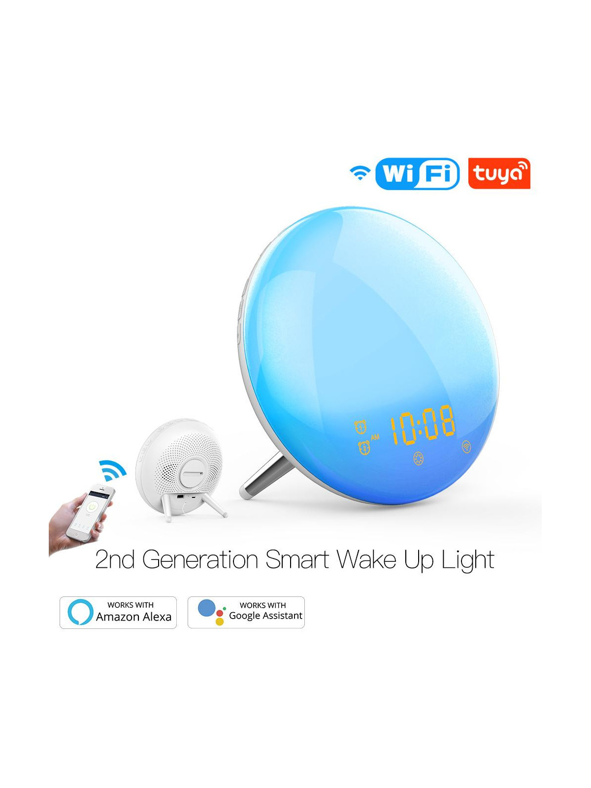 Moes "WB-JK-AC-C-EN" - Réveil/Horloge connectée WiFi - 7 couleurs de lumière + radio FM - Compatible Lidl, Tuya, Alexa et Google