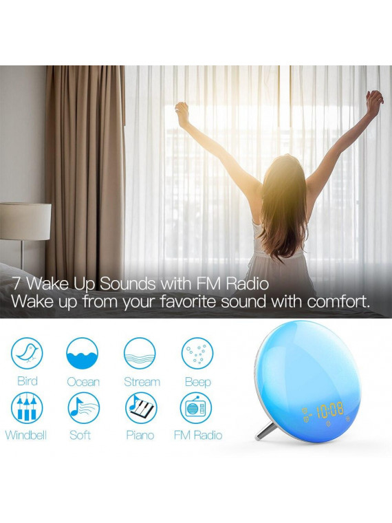 Moes "WB-JK-AC-C-EN" - Réveil/Horloge connectée WiFi - 7 couleurs de lumière + radio FM - Compatible Lidl, Tuya, Alexa et Google