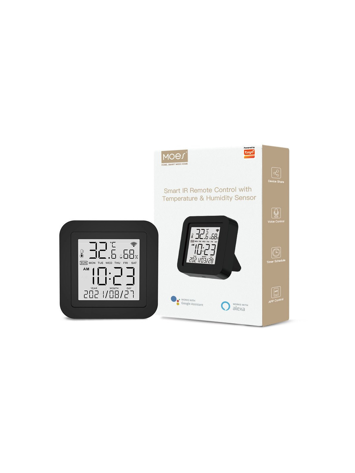 Moes "WR-TY-THR-BK-MS" - Capteur de température et d'humidité WiFi avec écran + contrôleur infrarouge - Compatible Tuya