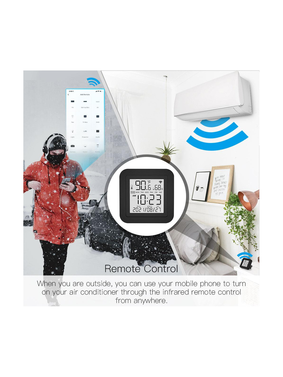Moes "WR-TY-THR-BK-MS" - Capteur de température et d'humidité WiFi avec écran + contrôleur infrarouge - Compatible Tuya