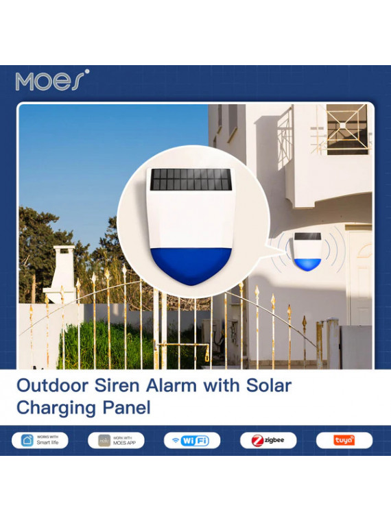 Moes "WSS-LO-SLA02-EN" - Sirène extérieure WiFi (Avec batterie et panneau solaire) - Compatible Tuya Smart Life