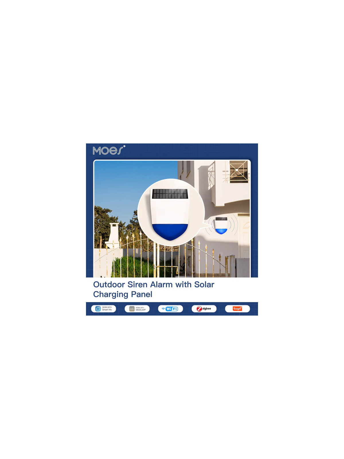 Moes "WSS-LO-SLA02-EN" - Sirène extérieure WiFi (Avec batterie et panneau solaire) - Compatible Tuya Smart Life